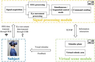 A robotic arm control system with simultaneous and sequential modes combining eye-tracking with steady-state visual evoked potential in virtual reality environment